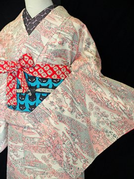 交織　袷の紬　★★★★★　【C/M】　(66/163.5/49.5)　風景画　【未使用品】